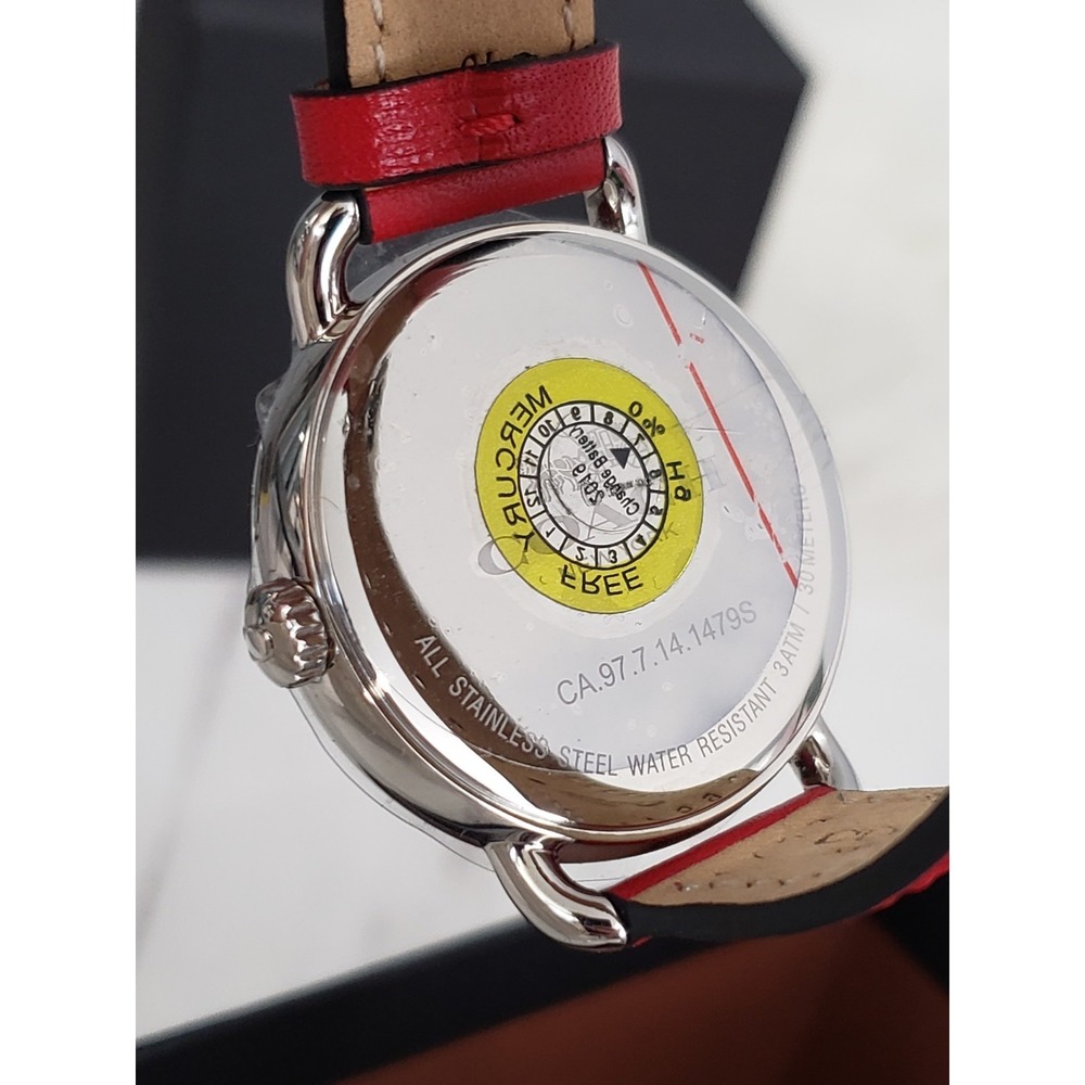 NEW COACH Red Leather Crystal Rhinestone Silver Plated Ladies Watch Leather Y2k - Picture 3 of 7